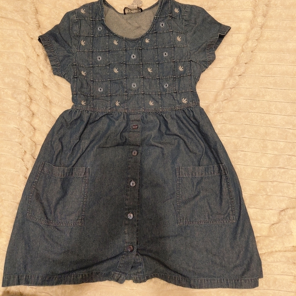 Vintage Denim Jean Dress Patchwork Stylr Woth Embroidered Flowerd